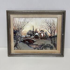 Vintage Dufex Foil Art Winter Village Scene Printed in England